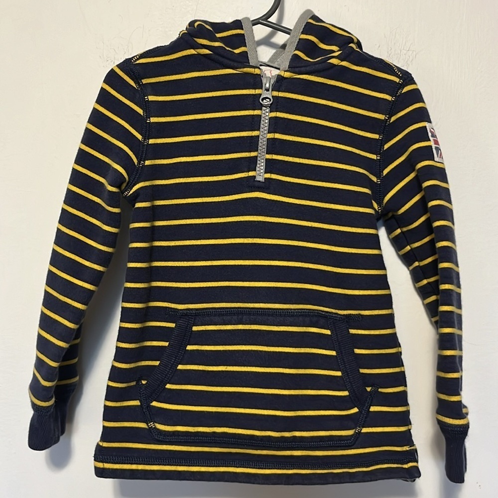 Mini Boden "Go Dog Go" Blue‎ and Yellow Stripe Quarter Zip Hoodie Size 3-4Y